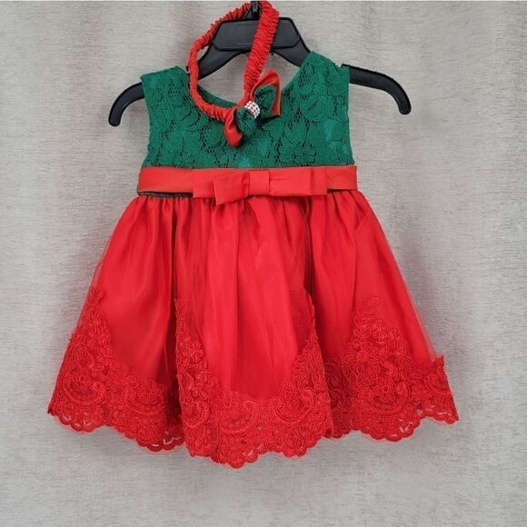 Red and Green Formal Christmas Dress Matching Headband Lace Bow - Picture 2 of 12